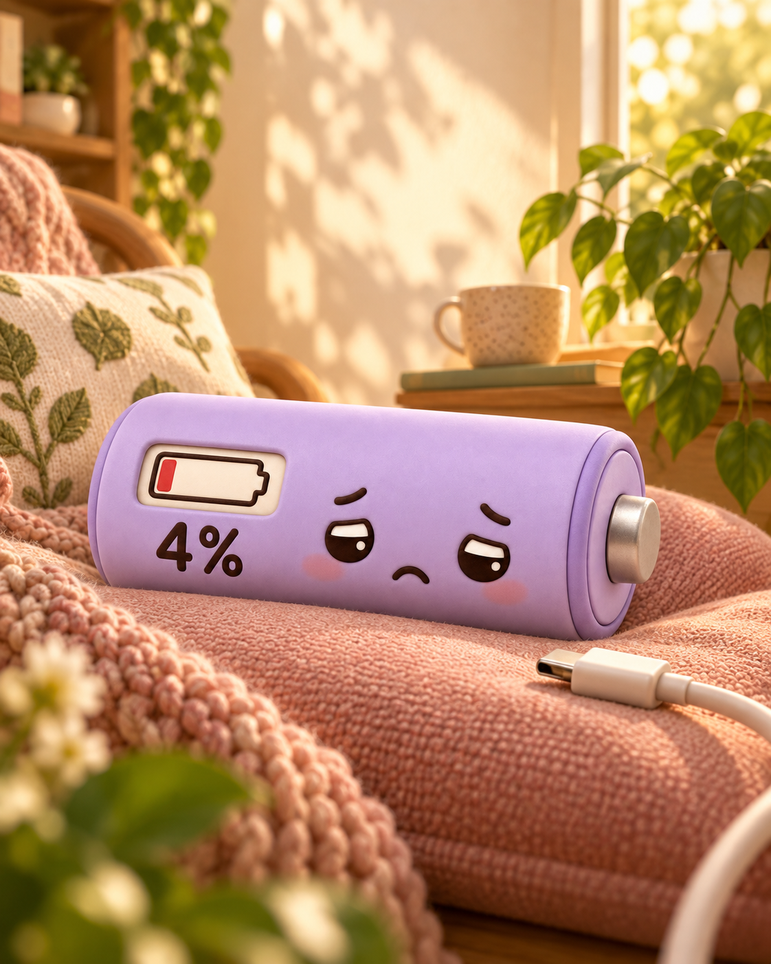 Battery, a lavender battery resting at four percent