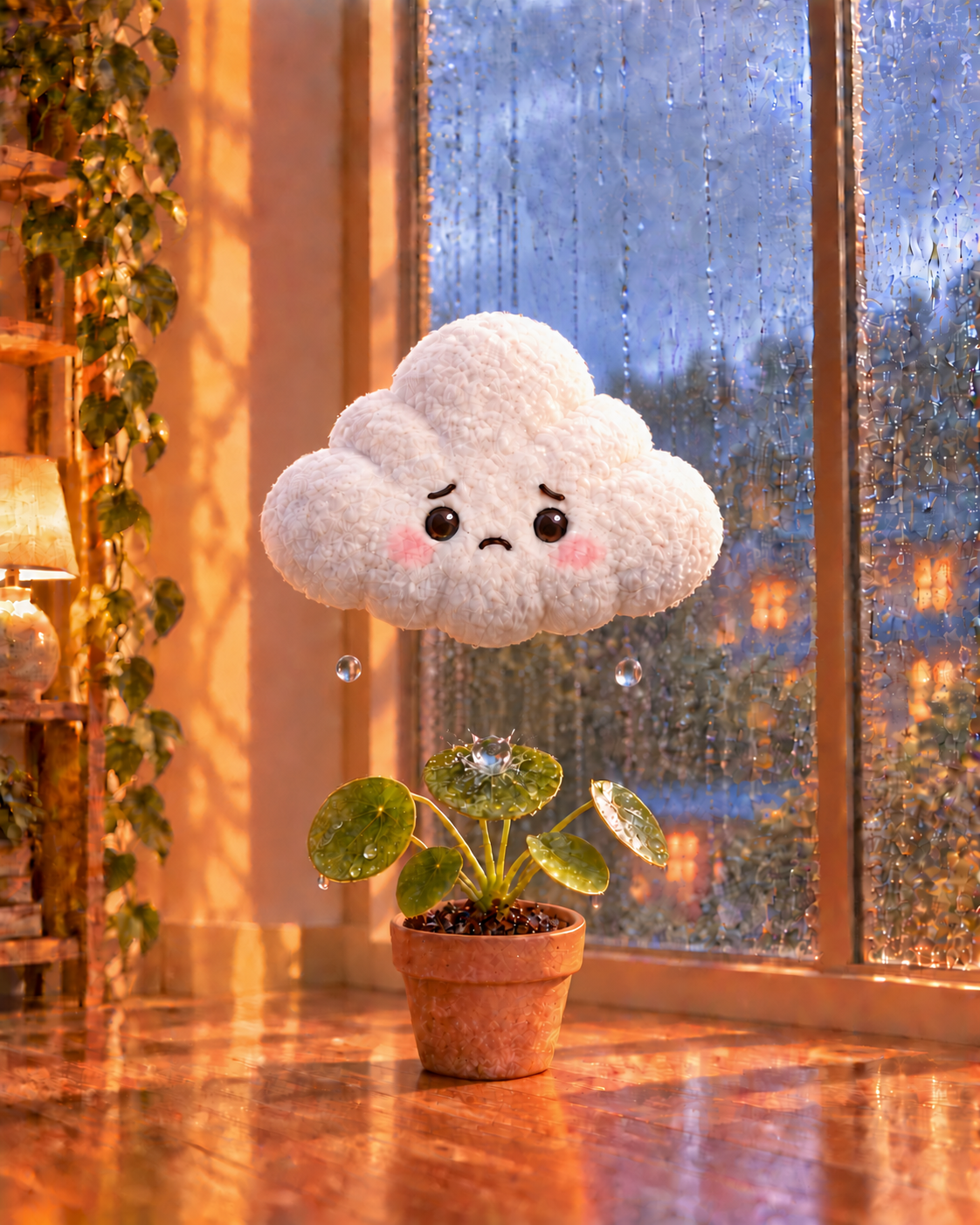 Nimbus, a soft white cloud with three raindrops, having a personal weather event
