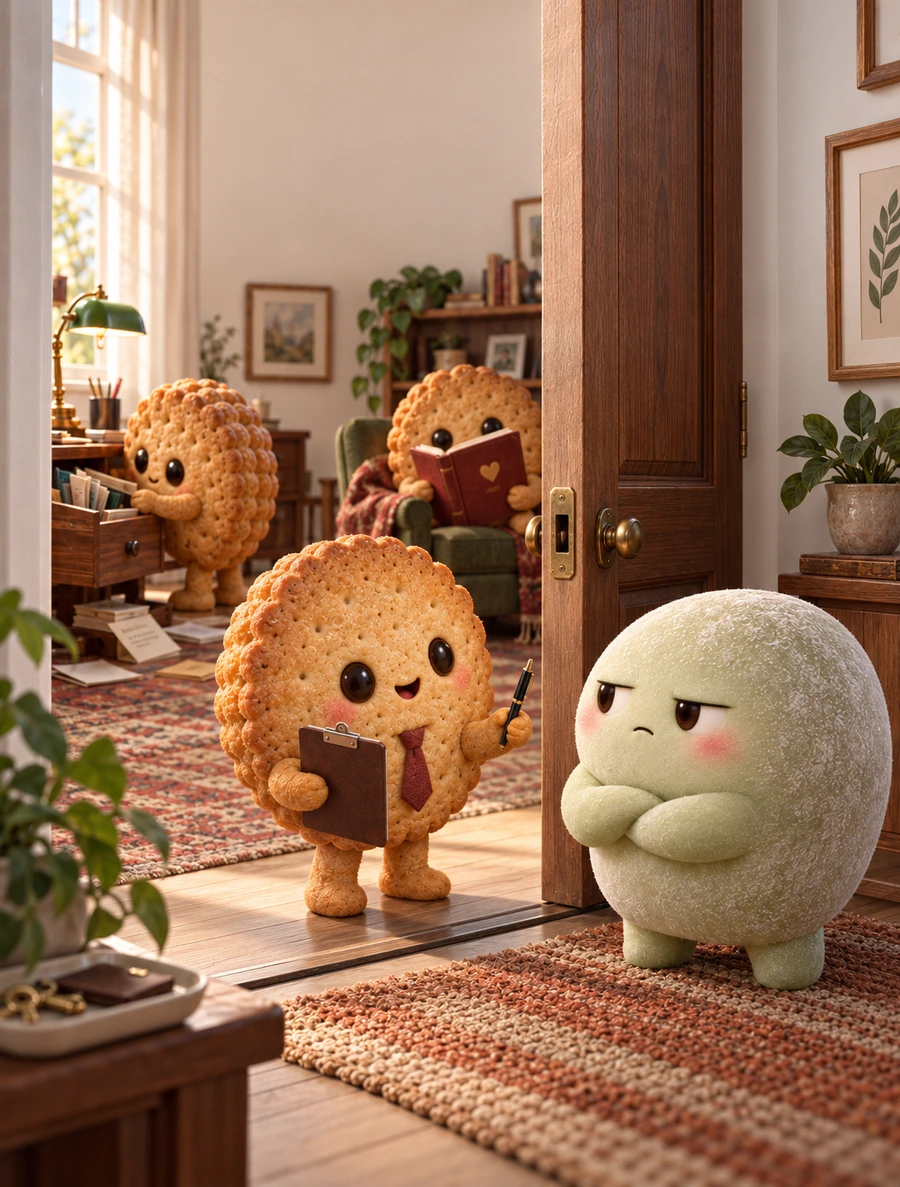 Three cookies peek around a door and furniture at the phone of a suspicious marshmallow