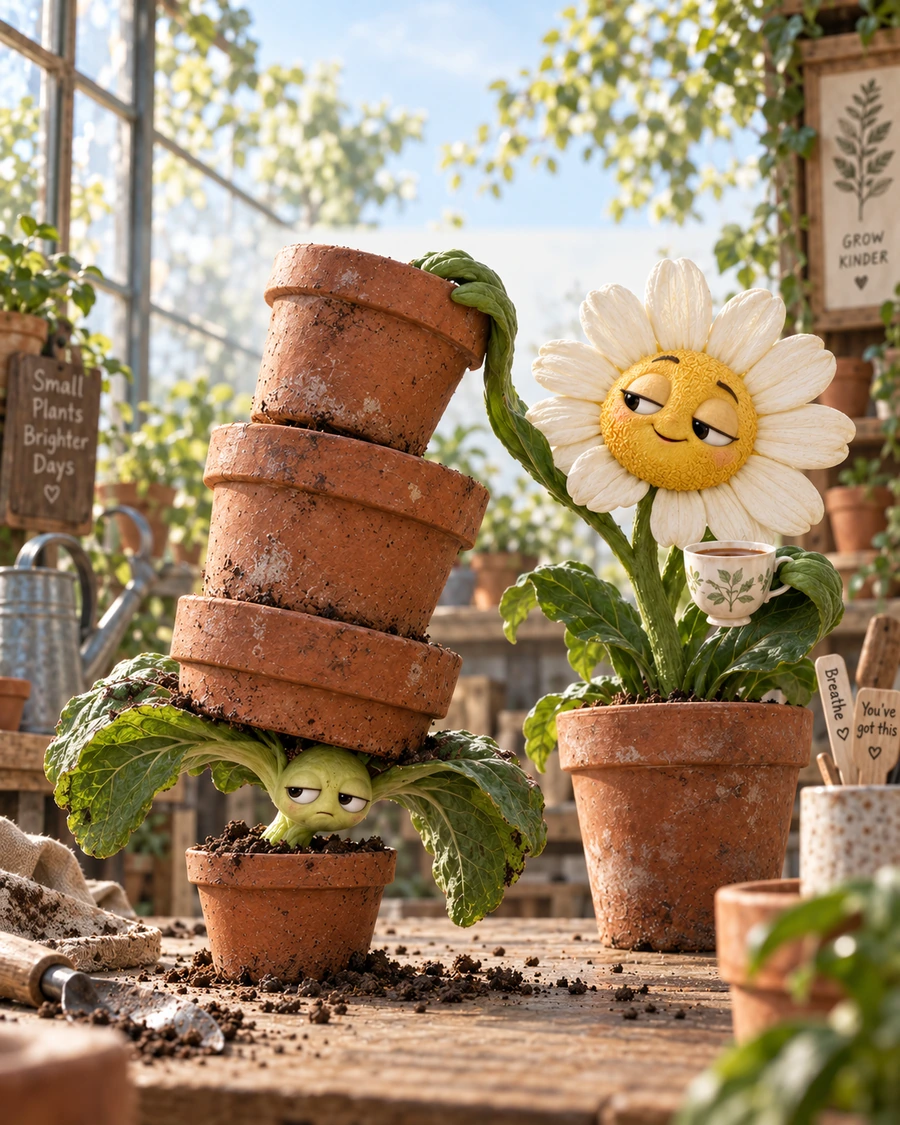 A cheerful daisy leans against a towering stack of flowerpots balanced on a struggling little plant
