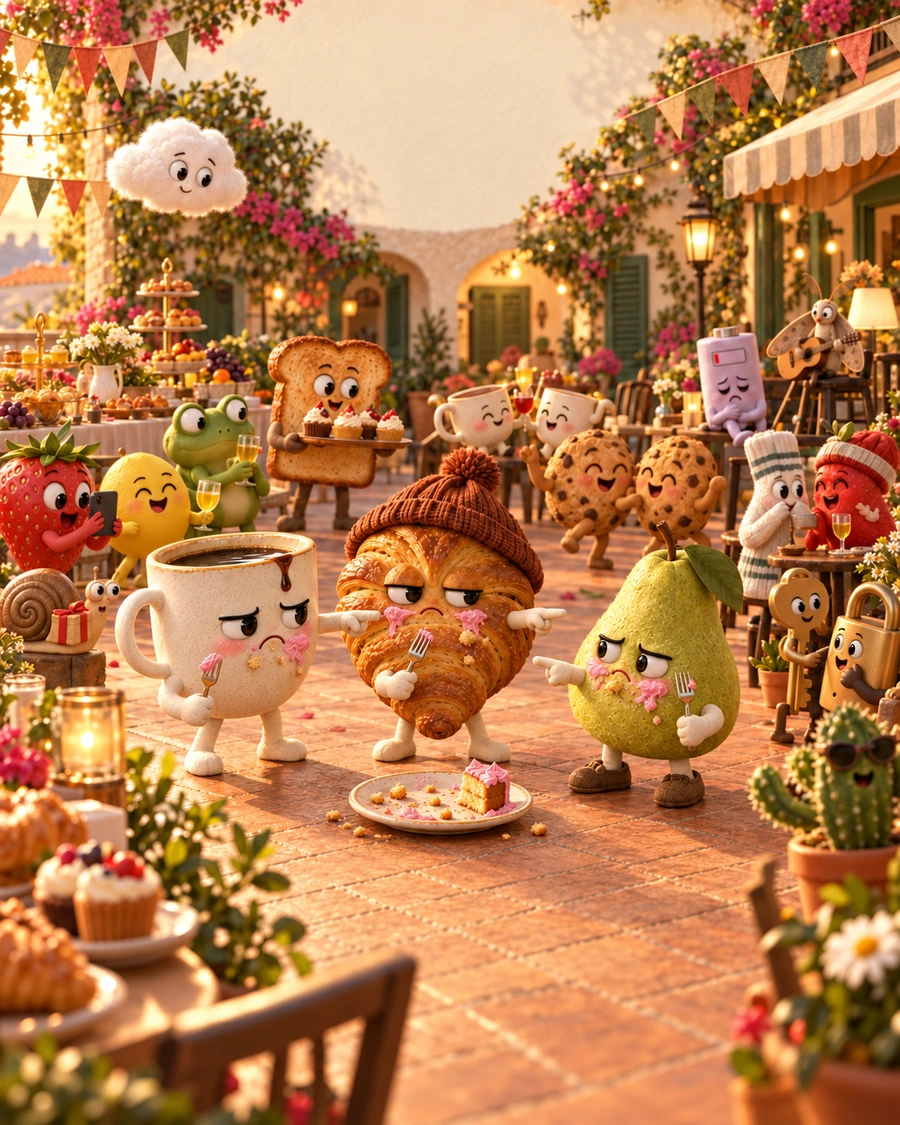 Three party guests point accusingly at one another beside a broken plate, surrounded by a lively crowd