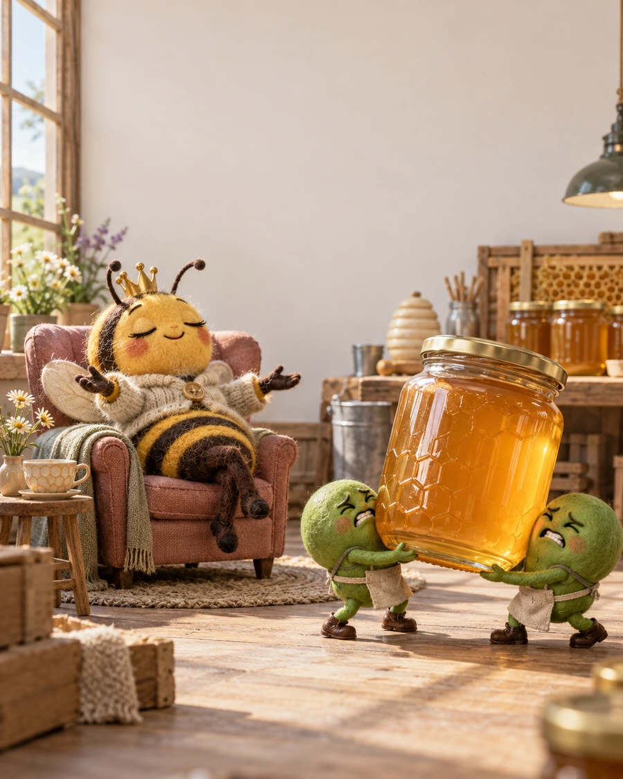 A queen bee relaxes in an armchair while two small workers carry an enormous jar of honey