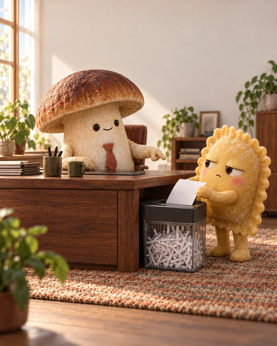 A mushroom manager directs a pasta employee to put a paper into a shredder