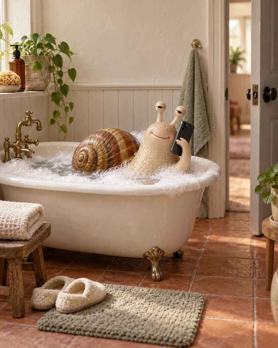 A snail talks on the phone while relaxing in a bubble bath