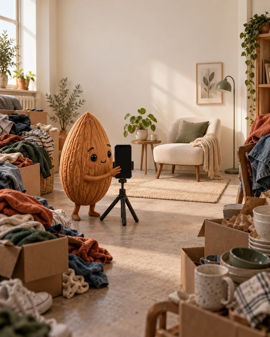 An almond films a minimalist corner while clothes and boxes pile up outside the shot