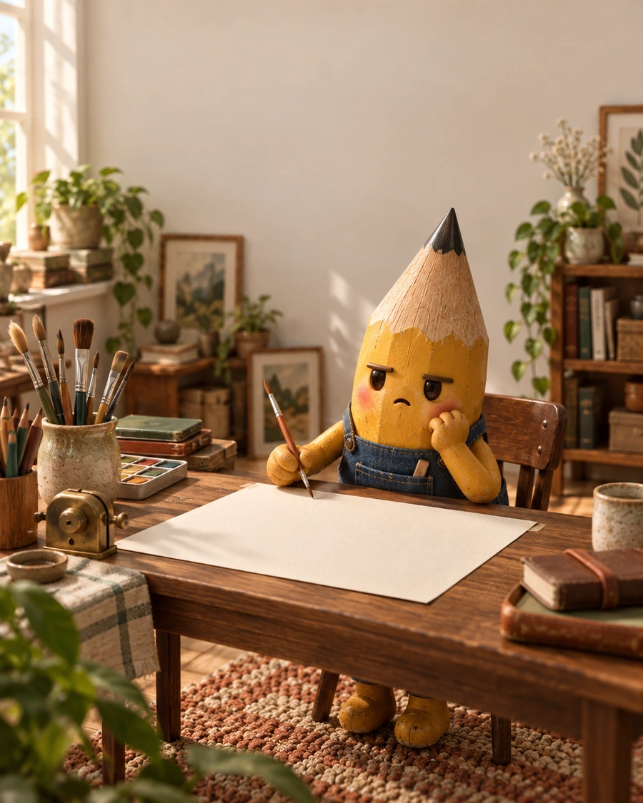 A pencil sits at a blank page, surrounded by a large collection of drawing tools