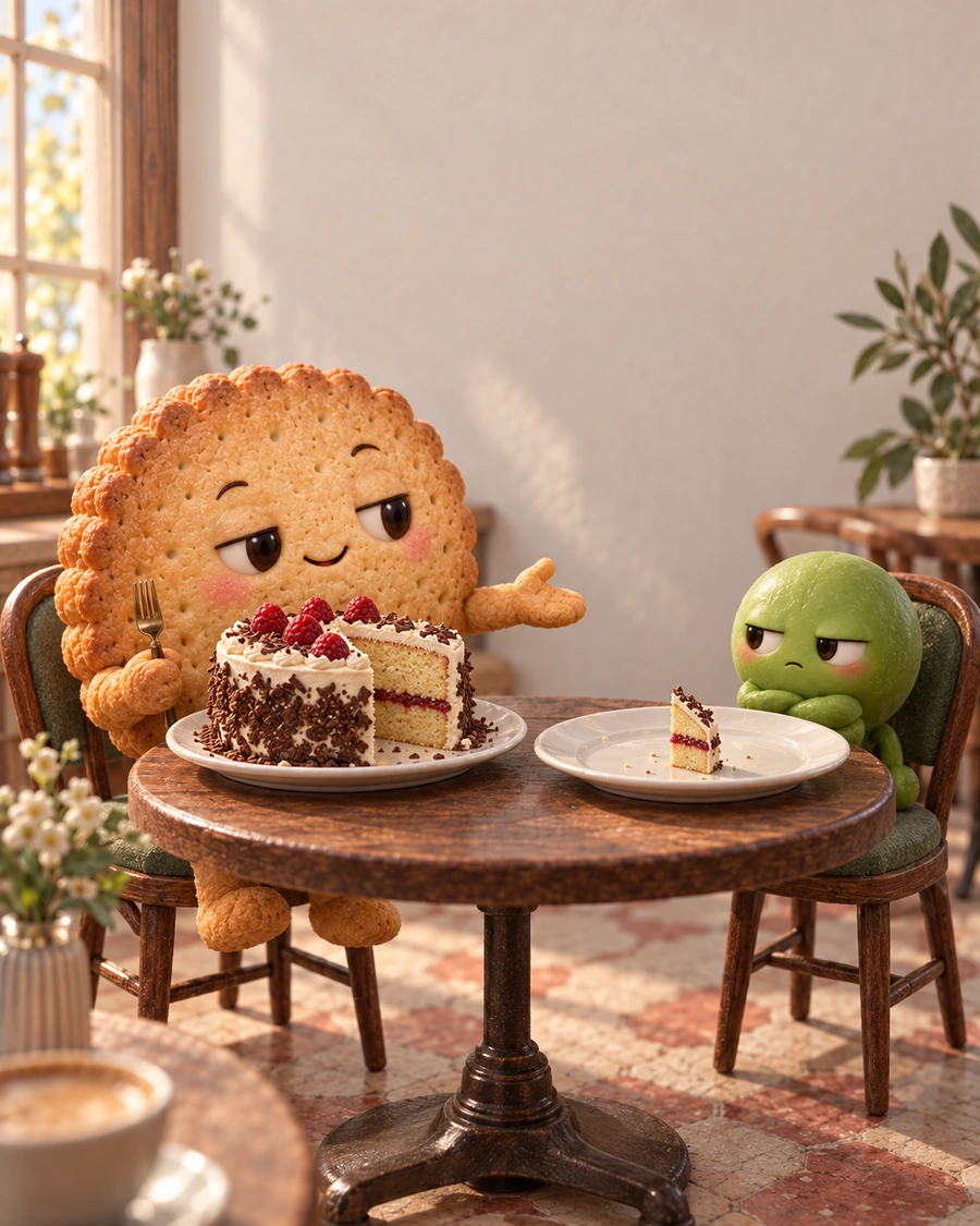 A cookie keeps most of a cake while offering a pistachio a tiny slice