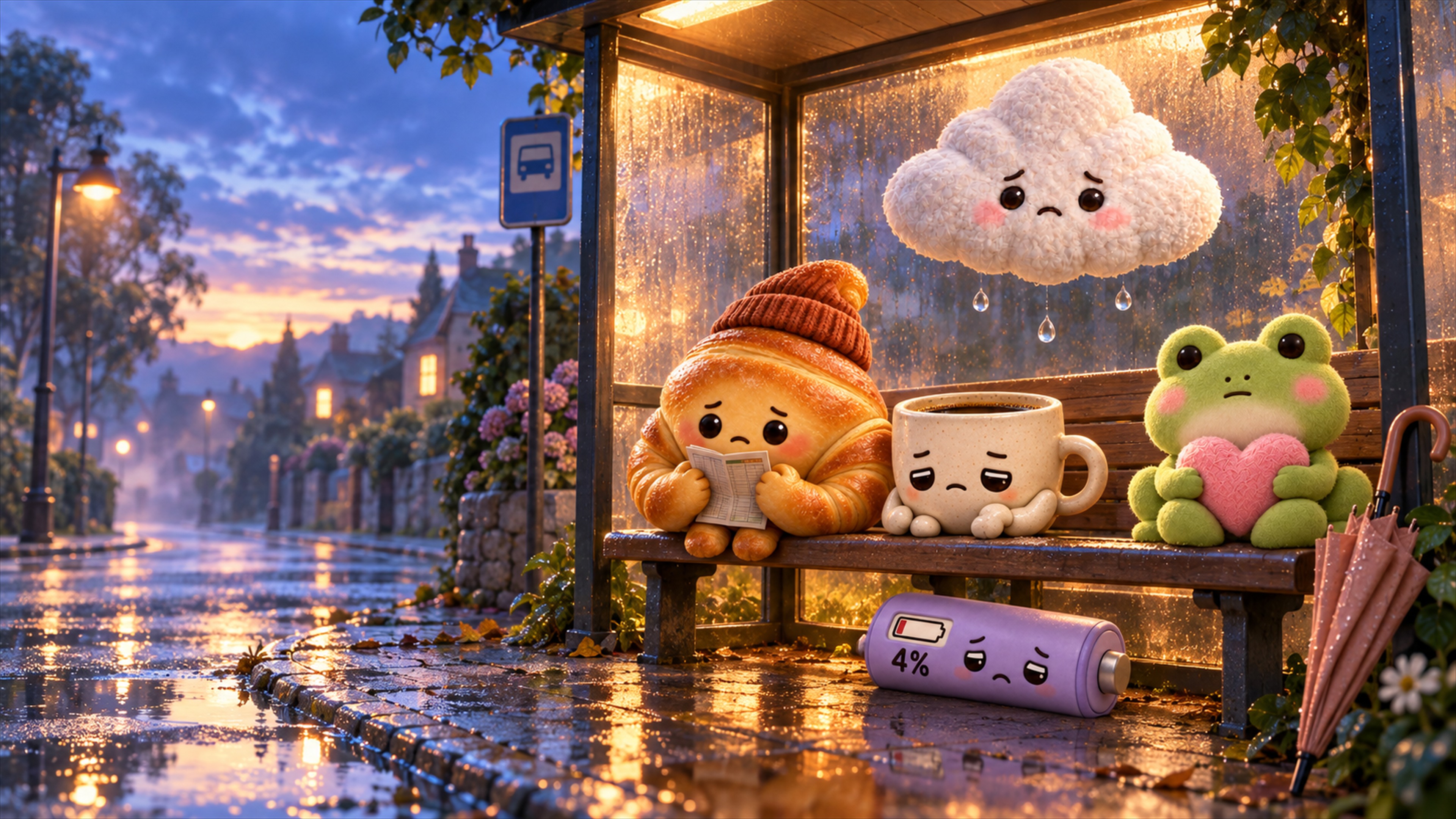 All five regulars waiting together at a rain-soaked bus stop