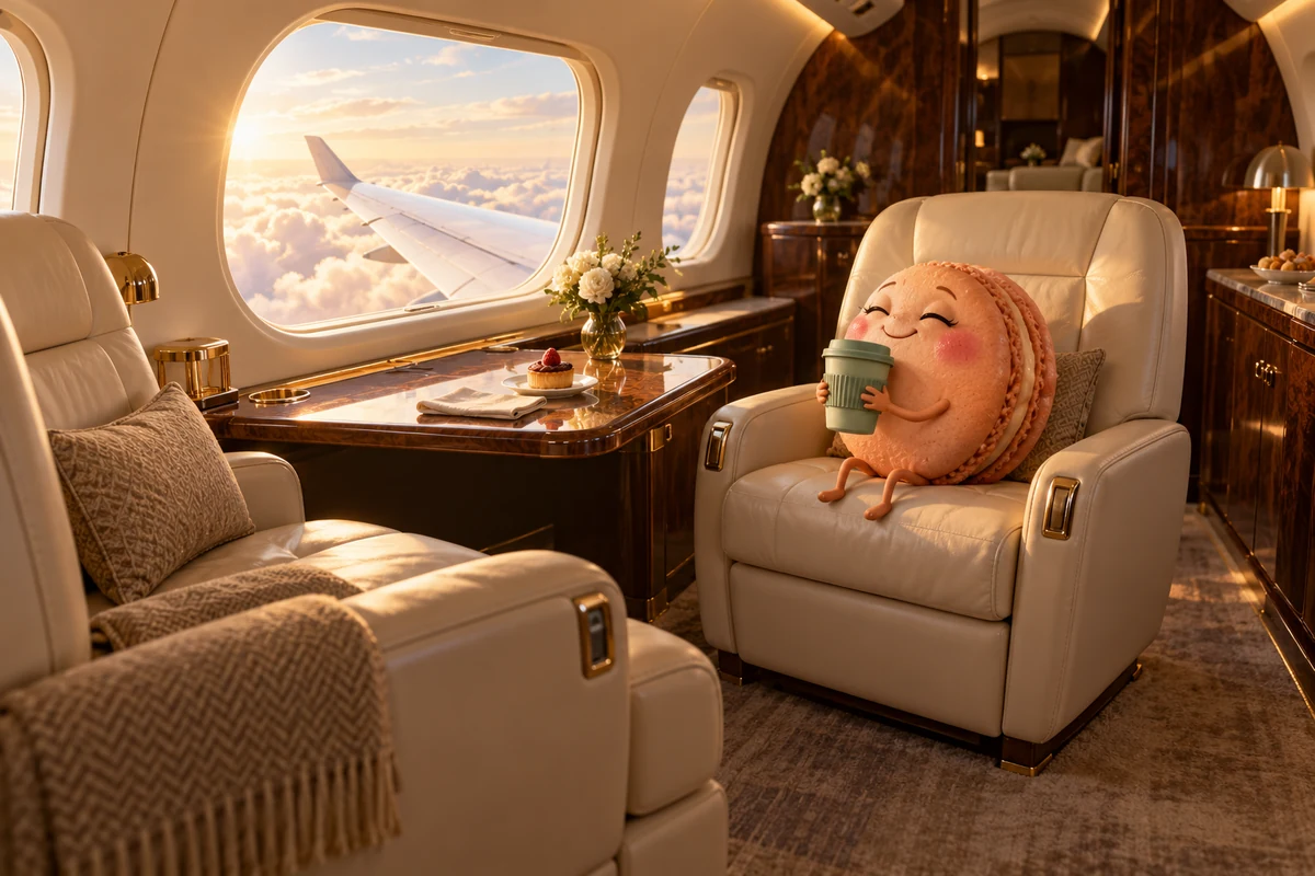 A satisfied macaron proudly holds a reusable coffee cup while flying alone in a private jet