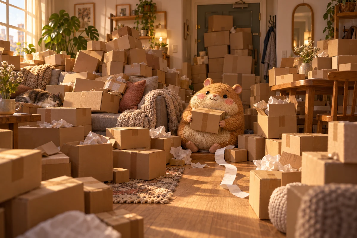 A tiny knitted character holds one more purchase in a warm apartment already buried in unopened parcels
