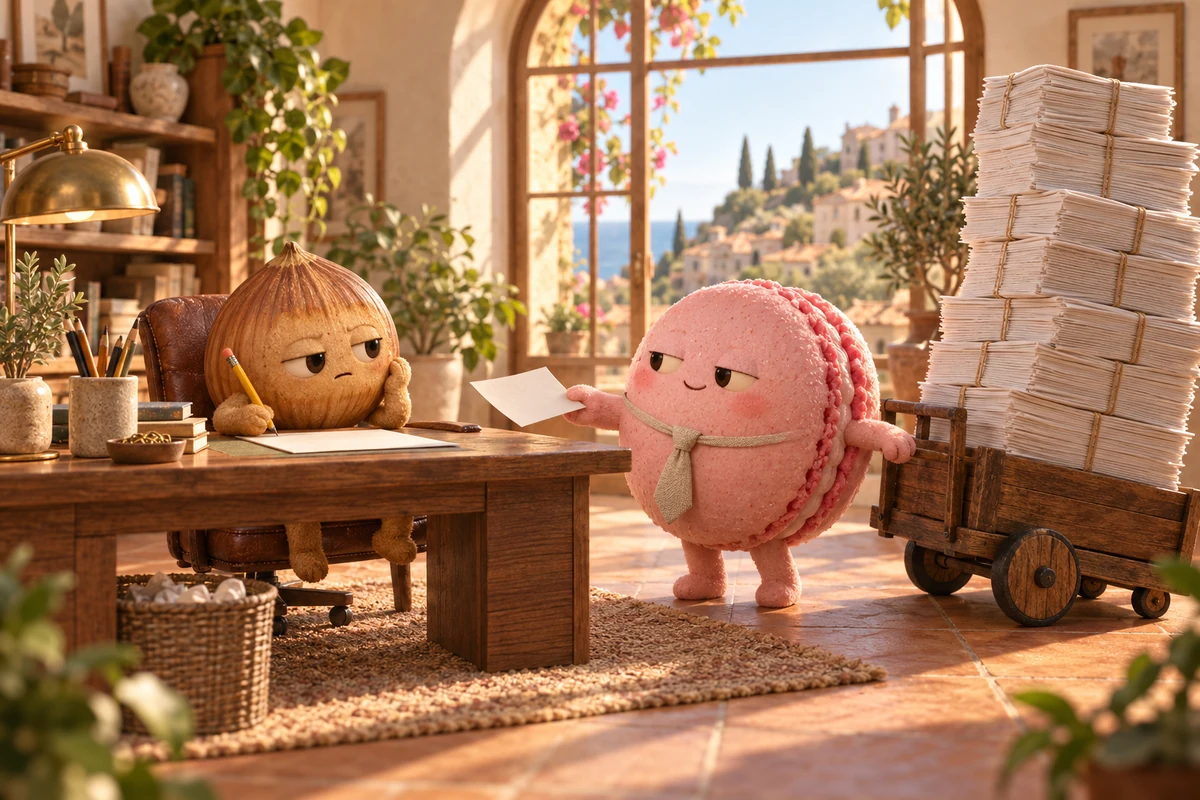 A smiling macaron hands one tiny sheet to an exhausted hazelnut, with an enormous cart of paperwork waiting behind