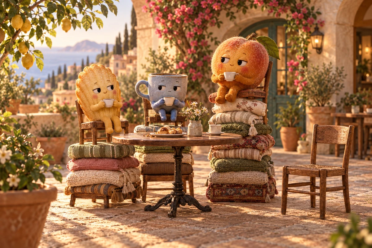 Three polite characters sit on precarious towers of cushions to match each other’s height, ignoring a perfectly normal empty chair