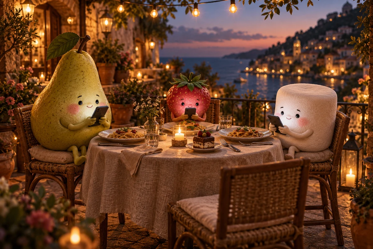 Three little dinner guests are absorbed in their phones around a beautifully laid table with untouched food