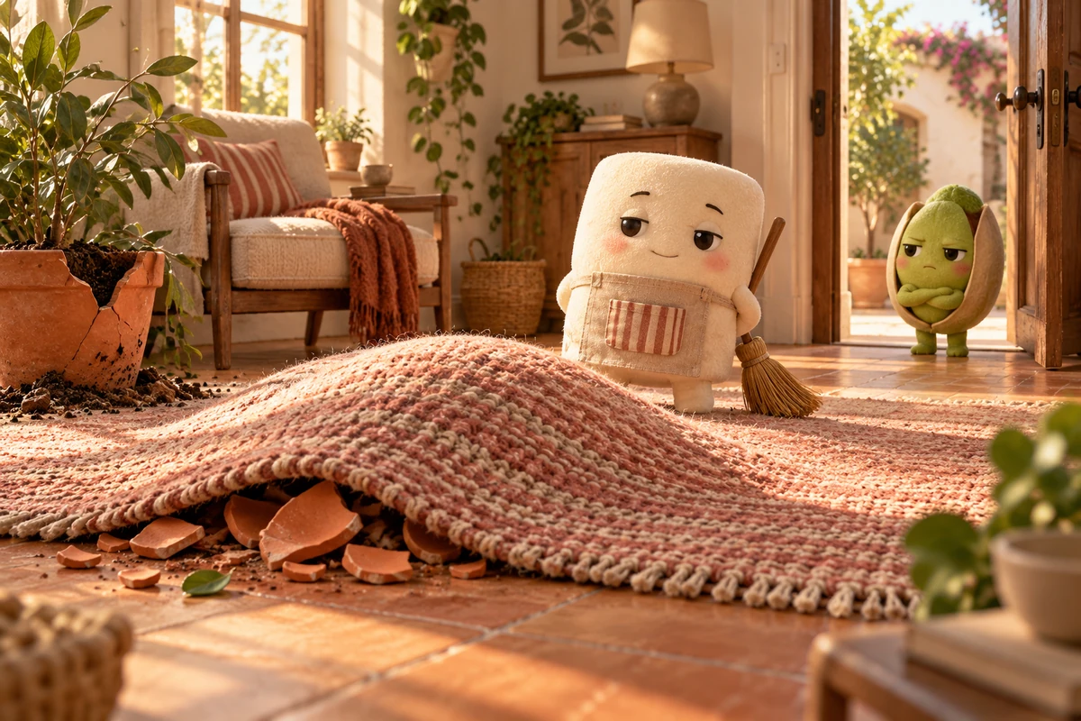A marshmallow hides broken terracotta under a conspicuously bulging rug, while a skeptical pistachio watches from the doorway
