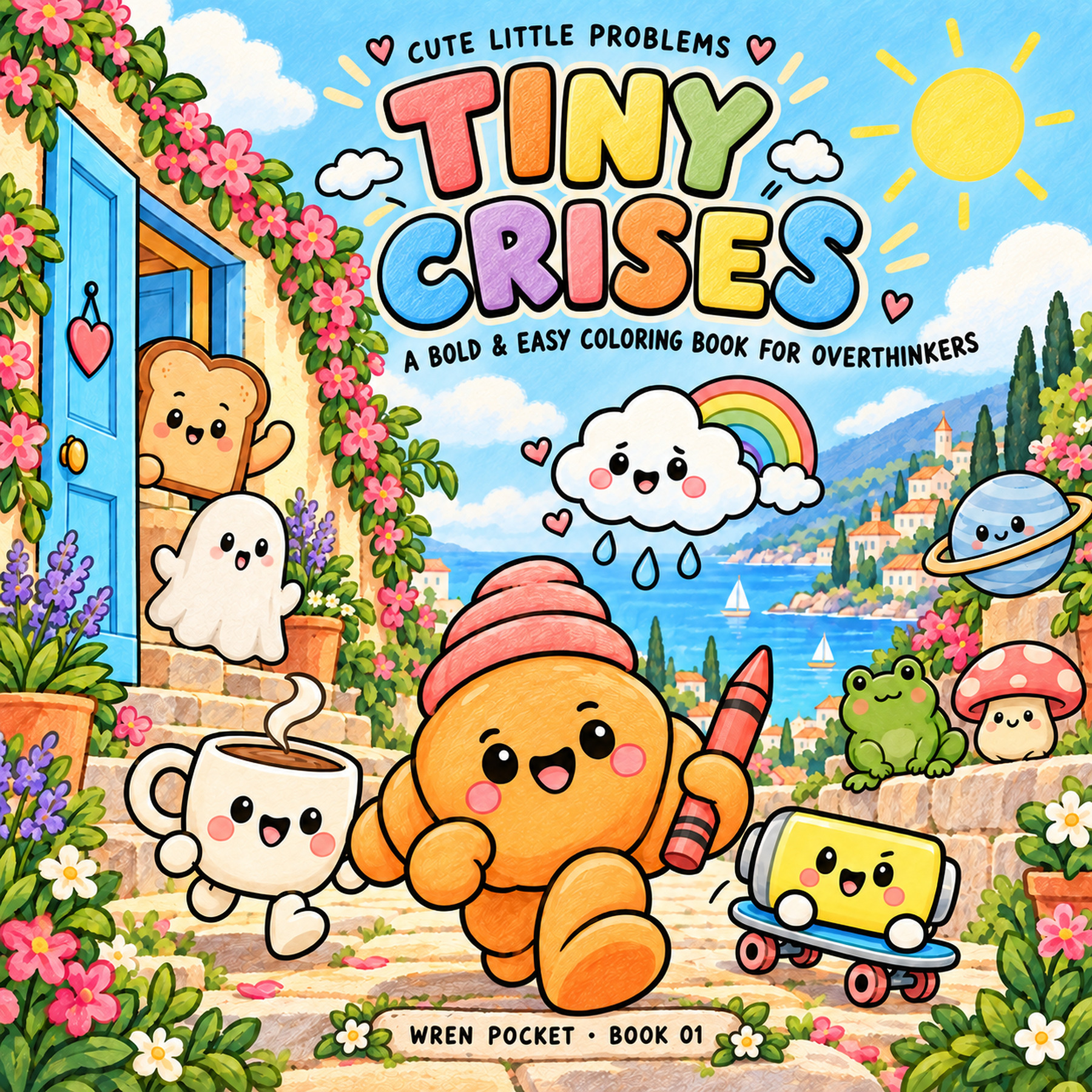 The final colorful TINY CRISES cover, with Crumb and the tiny cast entering their Mediterranean universe