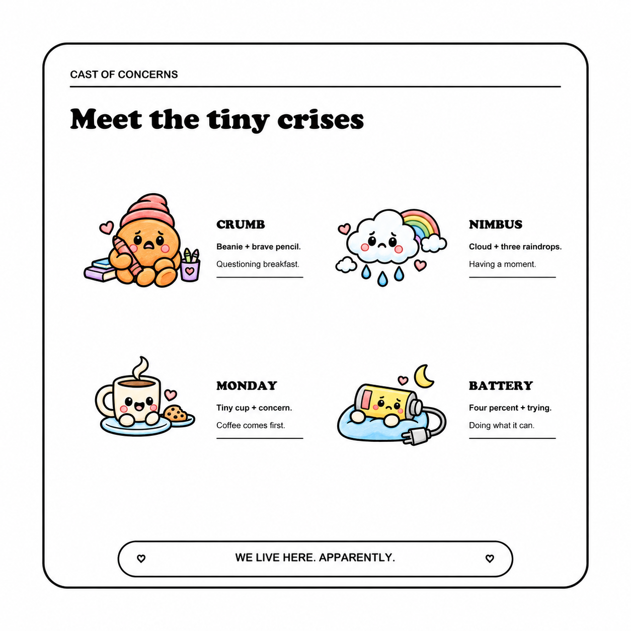 Colored illustrated cast guide for Crumb, Nimbus, Monday and Battery