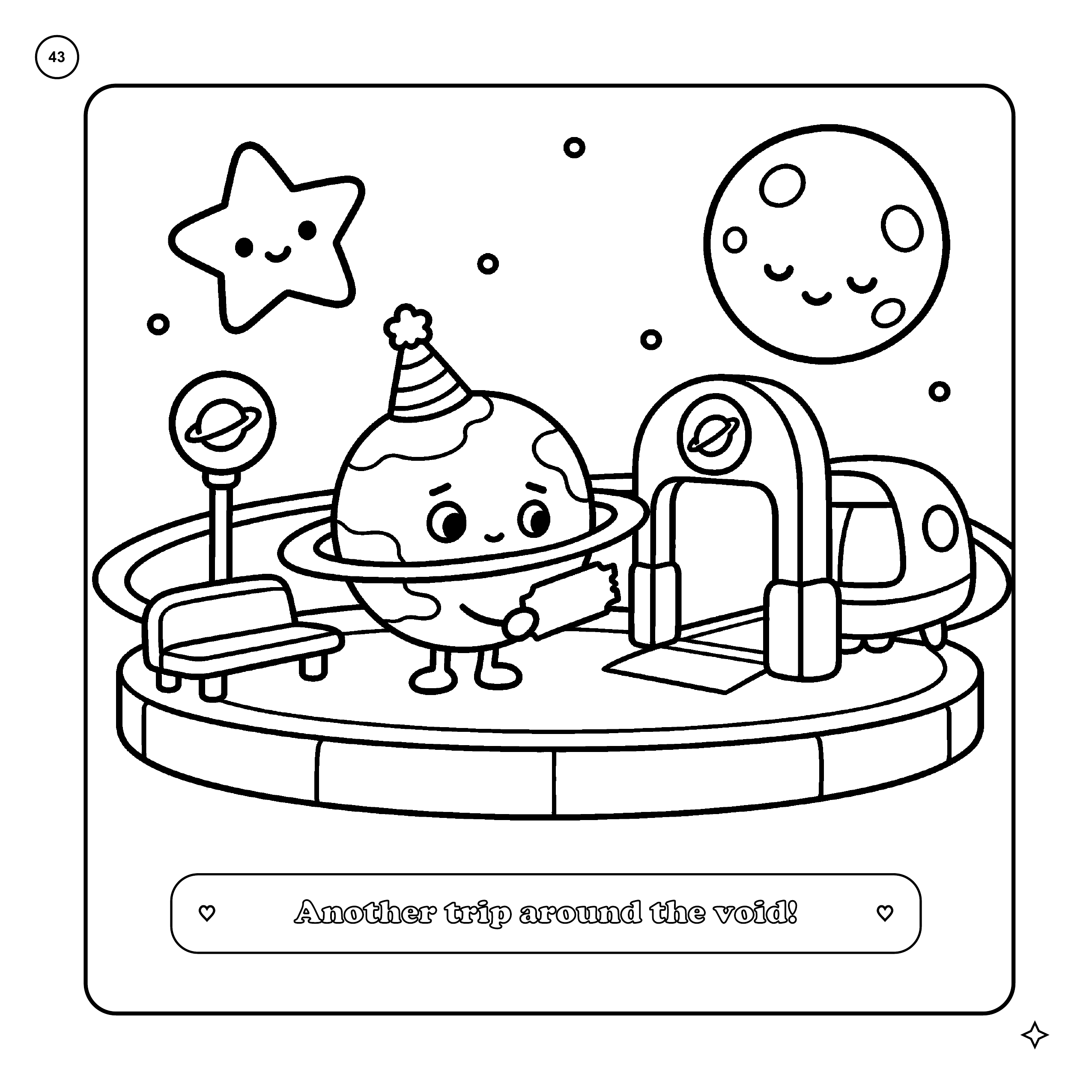 Interactive black-and-white to color comparison of scene 43: a tiny planet waiting at a space station