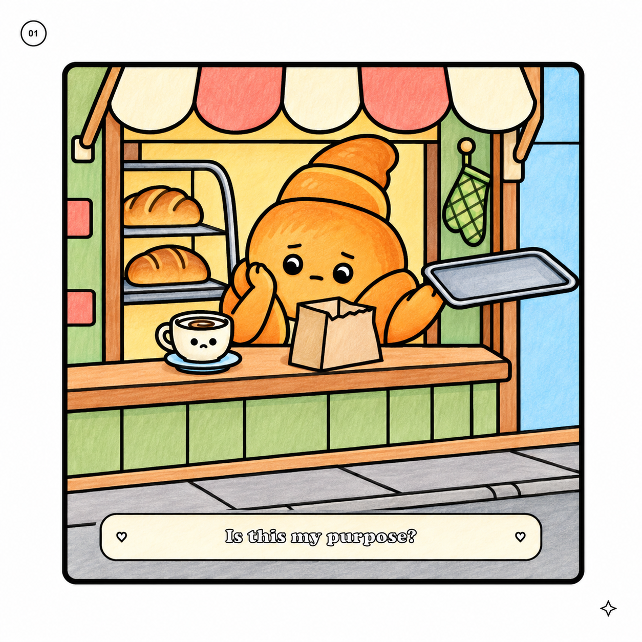 Colored example of scene 01: Crumb at a bakery asking, Is this my purpose?
